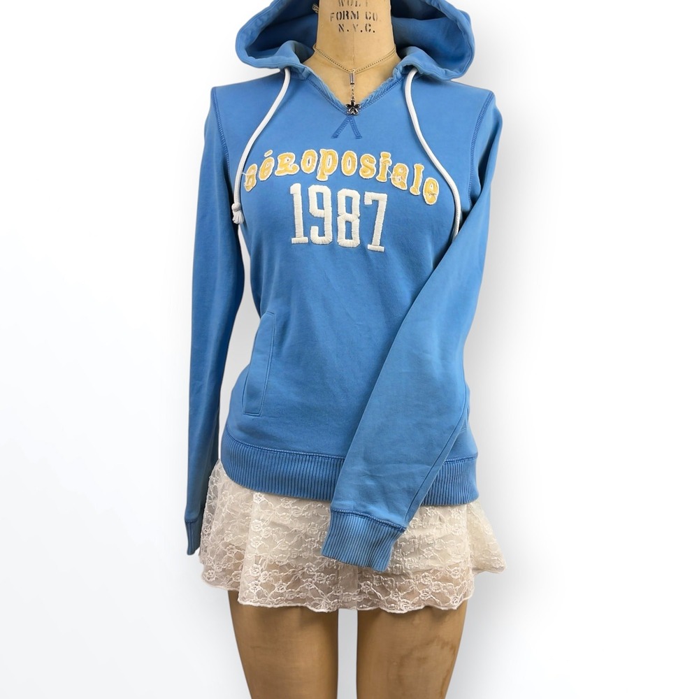 Y2K Aeropostale Hoodie 1987 Logo Slim Fit Casual Streetwear Blue Size M
